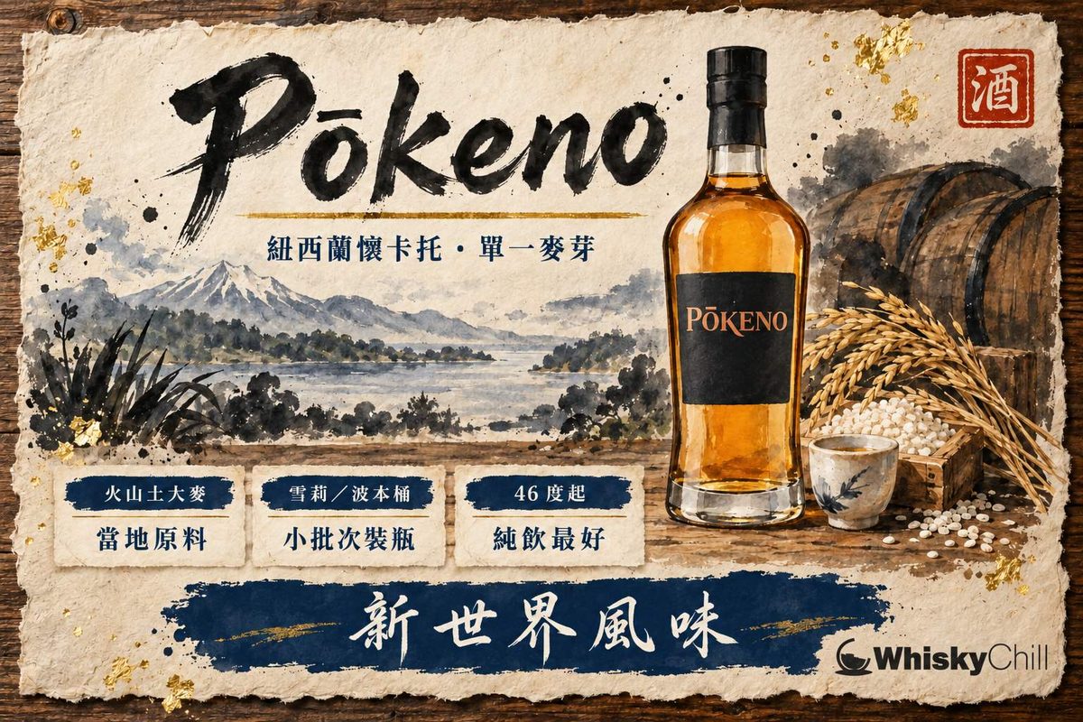 紐西蘭懷卡托綠丘與蒸餾廠意境，普肯諾單一麥芽威士忌酒瓶