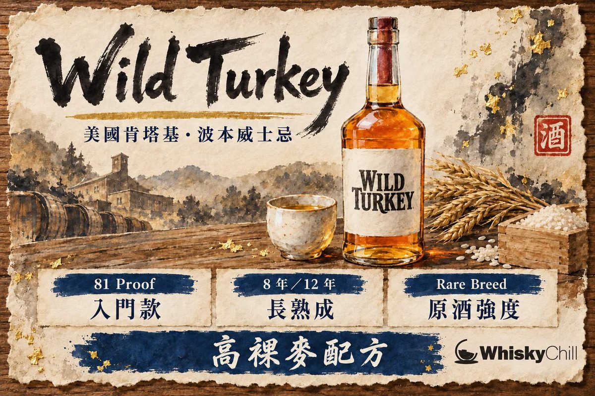 野火雞波本威士忌瓶身同酒杯,背景係肯塔基河畔酒廠嘅黃昏光影