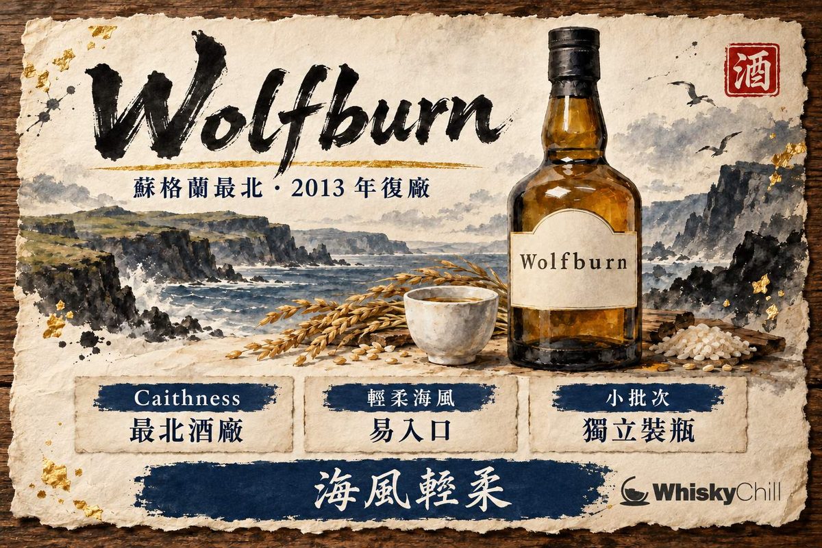 蘇格蘭最北海岸荒原與低垂天色,古狼 Wolfburn 單一麥芽威士忌酒瓶