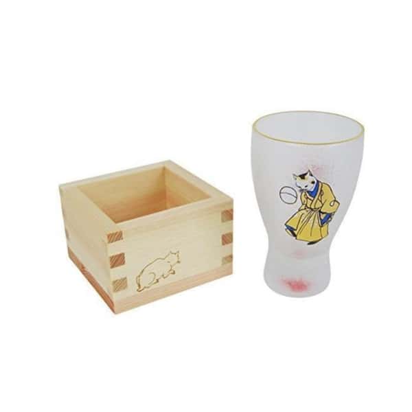 日本清酒杯 日本清酒杯 石塚硝子 枡酒杯 江戶貓手まりねこ 100ml 100ml 正面圖