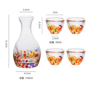 日式清酒杯 日式清酒杯 彩點玻璃酒杯酒瓶套裝 一瓶四杯 彩色   正面圖